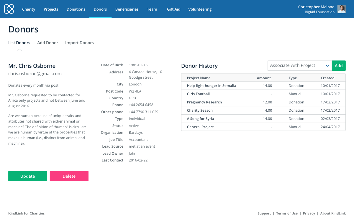 Charity CRM Donor Page